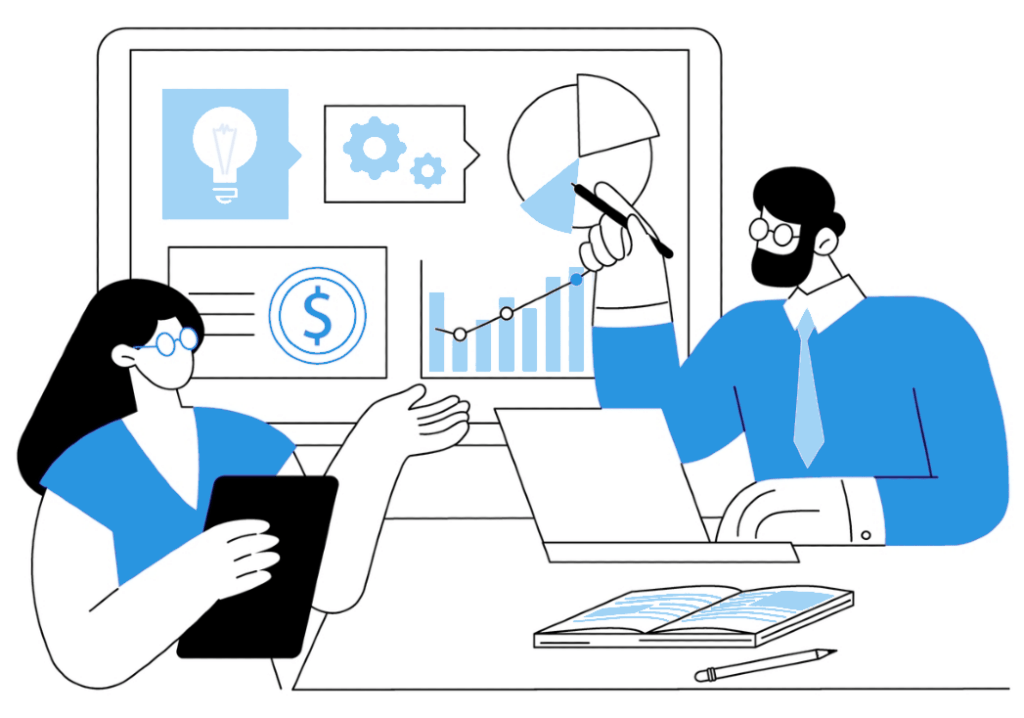 Two people analysing financial information