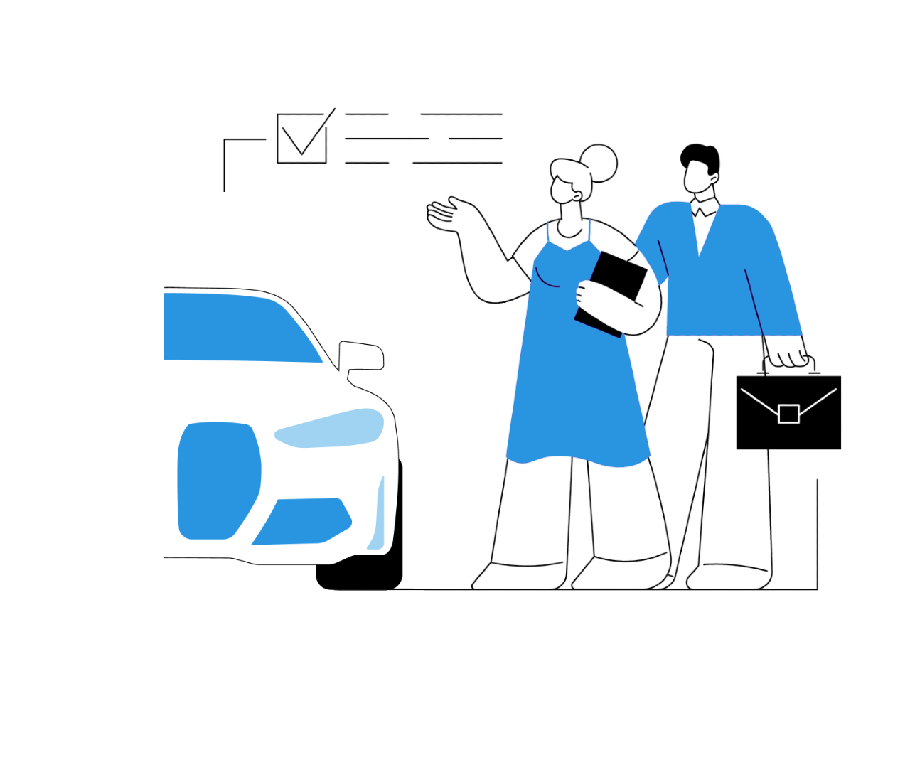 Two people standing next to an car that could be interpreted to look like a BMW