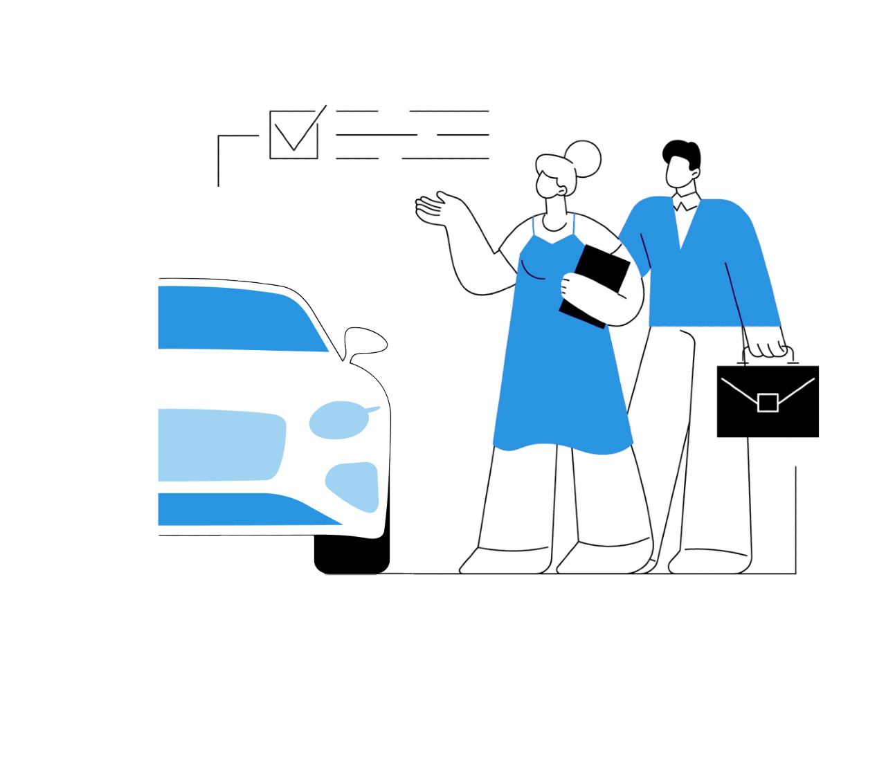 Two people standing next to an car that could be interpreted to look like a Bentley